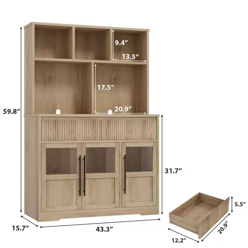 Meuble de cuisine garde-manger de 178 cm de haut avec tiroir, 2 portes vitrées et 3 étagères