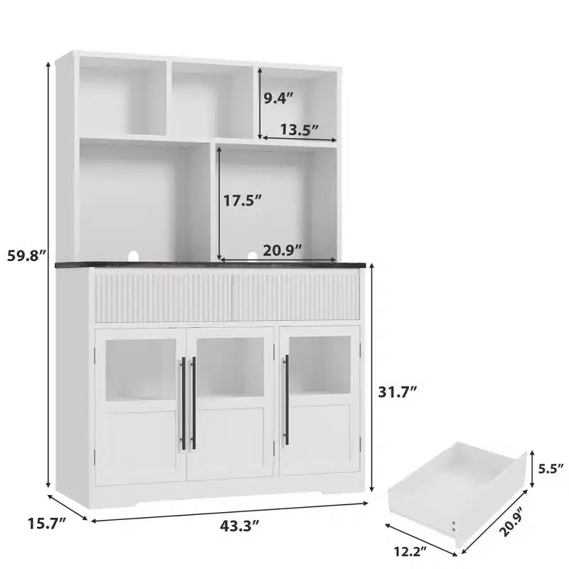 Meuble de cuisine garde-manger de 178 cm de haut avec tiroir, 2 portes vitrées et 3 étagères