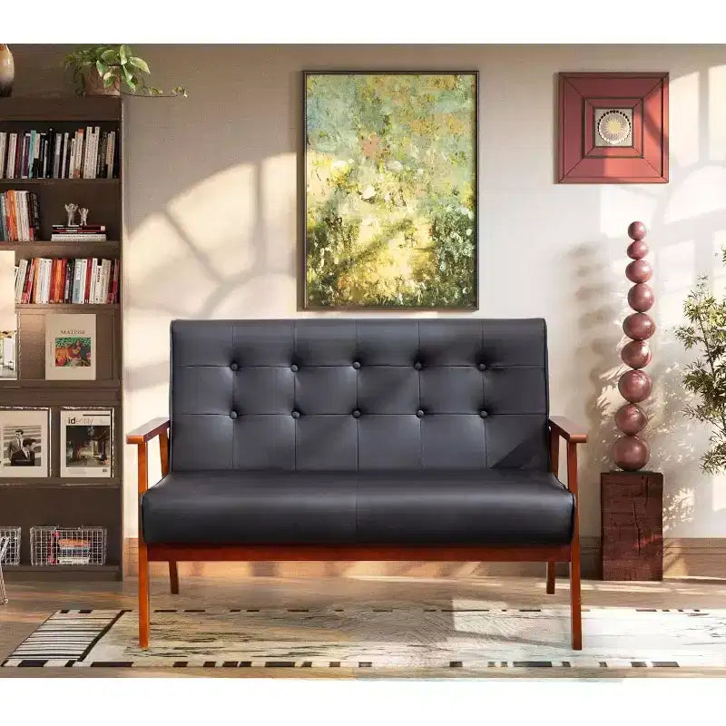 TYBOATLE Black Small Leather Couch for Office, Booth Seating 2 Person Waiting Room Bench Couch, Mid Century Modern Loveseat Wood Sofa