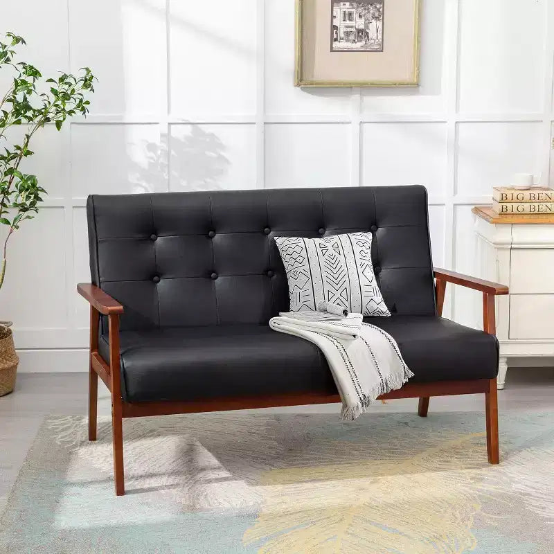 Canapé en cuir noir pour bureau, banquette 2 places pour salle d'attente, causeuse moderne du milieu du siècle en bois
