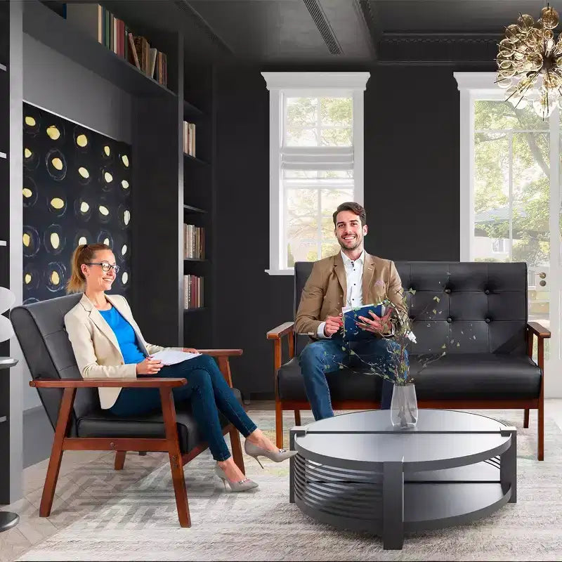 Canapé en cuir noir pour bureau, banquette 2 places pour salle d'attente, causeuse moderne du milieu du siècle en bois
