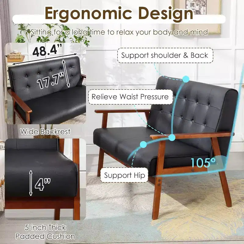 Canapé en cuir noir pour bureau, banquette 2 places pour salle d'attente, causeuse moderne du milieu du siècle en bois