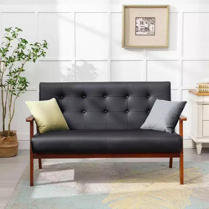 Canapé en cuir noir pour bureau, banquette 2 places pour salle d'attente, causeuse moderne du milieu du siècle en bois