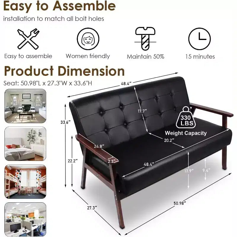 Canapé en cuir noir pour bureau, banquette 2 places pour salle d'attente, causeuse moderne du milieu du siècle en bois