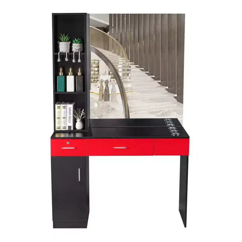 Karl Home Black Red Wall Mount Barber Station 2 Drawers 1 Storage Cabinet 3 Open Shelves with Mirror