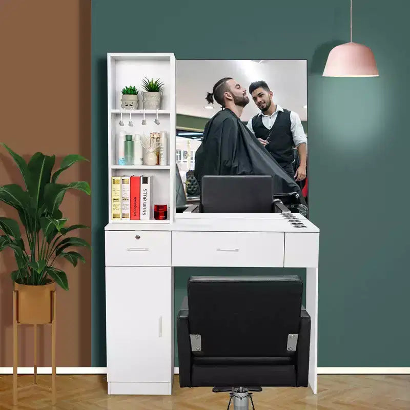 Poste de barbier mural noir et rouge avec miroir