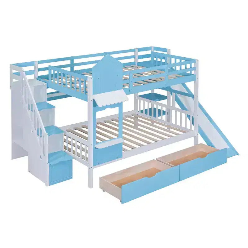 Lit superposé double avec 2 tiroirs, 3 étagères et toboggan - Bleu