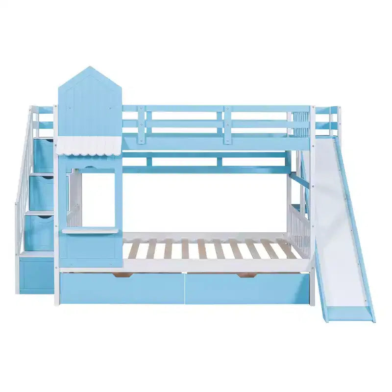 Lit superposé double avec 2 tiroirs, 3 étagères et toboggan - Bleu