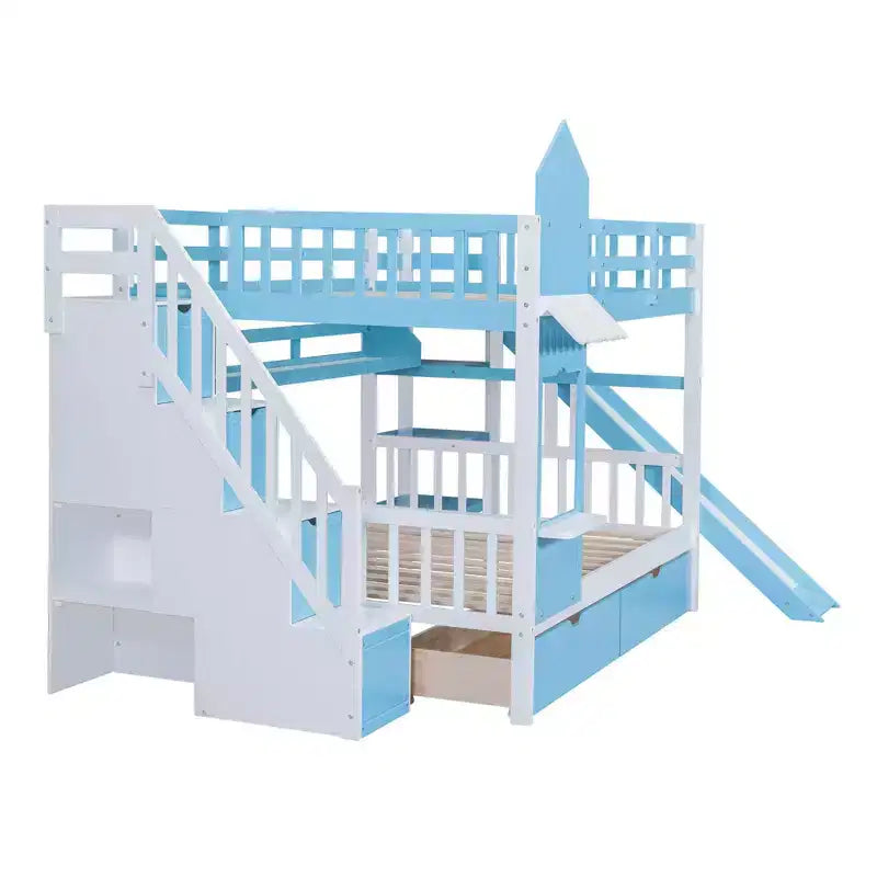 Lit superposé double avec 2 tiroirs, 3 étagères et toboggan - Bleu