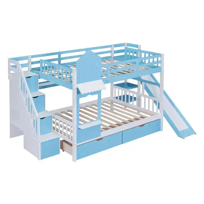 Lit superposé double avec 2 tiroirs, 3 étagères et toboggan - Bleu