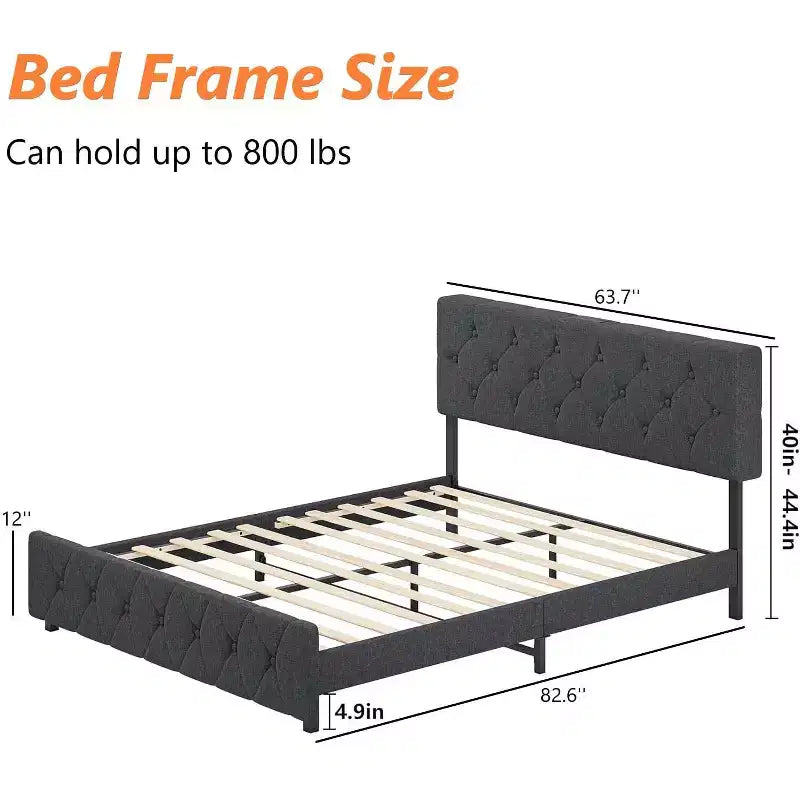 Cadre de lit Queen Size Gris Foncé avec Ports USB et Tête de Lit Réglable, Sommier Tapissier Non Requis