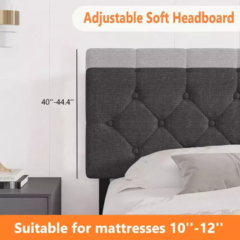 Cadre de lit Queen Size Gris Foncé avec Ports USB et Tête de Lit Réglable, Sommier Tapissier Non Requis