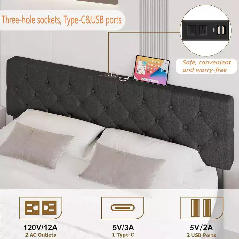 Cadre de lit Queen Size Gris Foncé avec Ports USB et Tête de Lit Réglable, Sommier Tapissier Non Requis