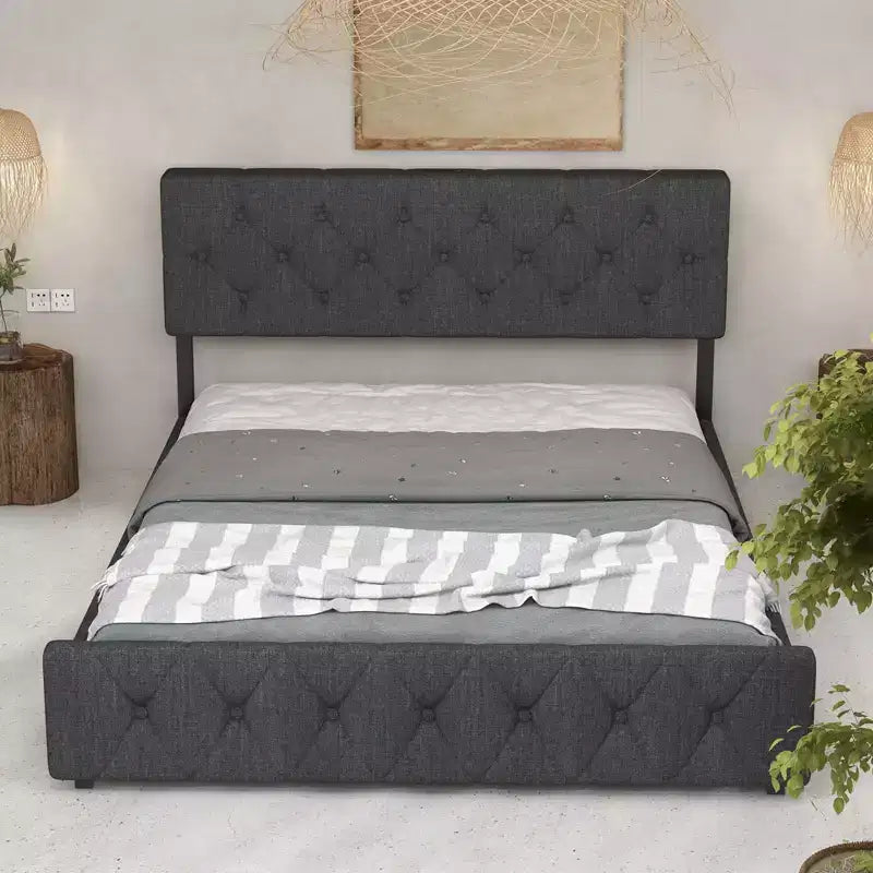 Cadre de lit Queen Size Gris Foncé avec Ports USB et Tête de Lit Réglable, Sommier Tapissier Non Requis
