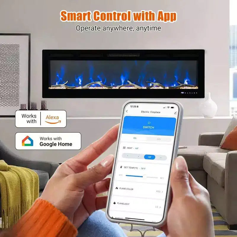 Cheminée électrique de 80 pouces, encastrable et murale, contrôle vocal intelligent WiFi Alexa, effet de flamme 3D, 12 couleurs, 750W/1500W