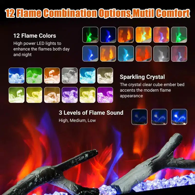 Cheminée électrique de 80 pouces, encastrable et murale, contrôle vocal intelligent WiFi Alexa, effet de flamme 3D, 12 couleurs, 750W/1500W