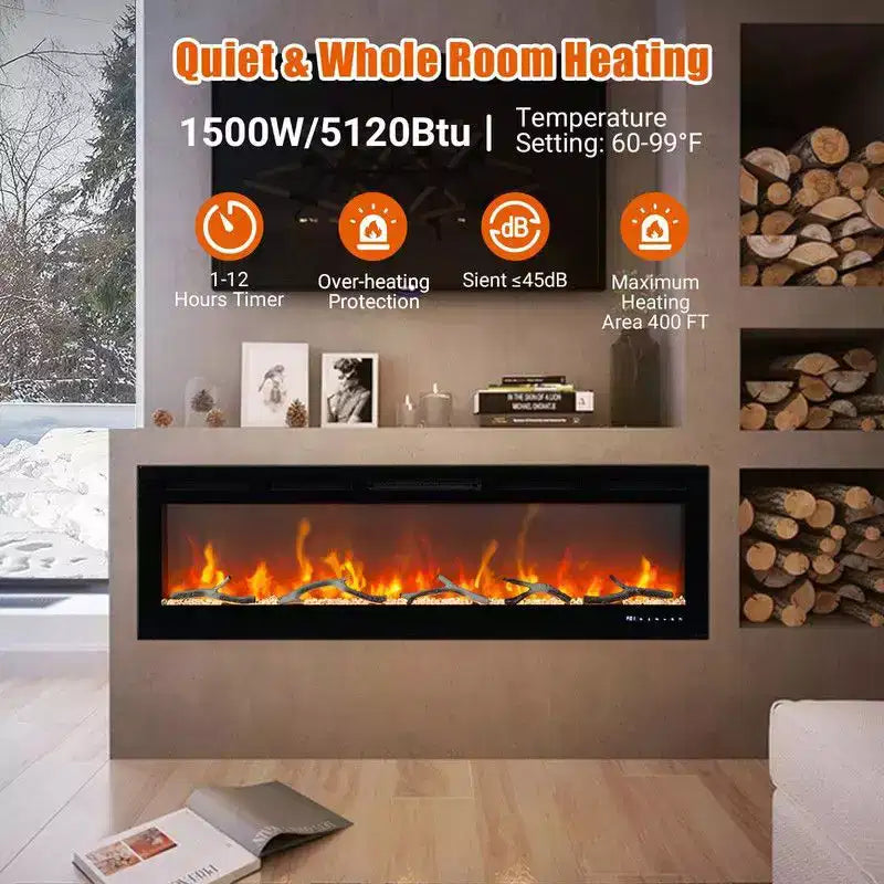 Cheminée électrique de 80 pouces, encastrable et murale, contrôle vocal intelligent WiFi Alexa, effet de flamme 3D, 12 couleurs, 750W/1500W