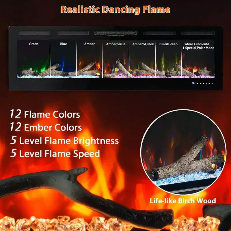 Cheminée électrique de 80 pouces, encastrable et murale, contrôle vocal intelligent WiFi Alexa, effet de flamme 3D, 12 couleurs, 750W/1500W