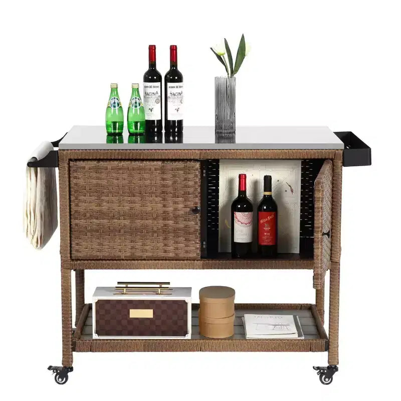 NAYSAYE Bar Serving Cart Outdoor Wicker Wine and Beverage Storage with Stainless Steel Top for Patio , Brown, 47.24*20.12*35.04