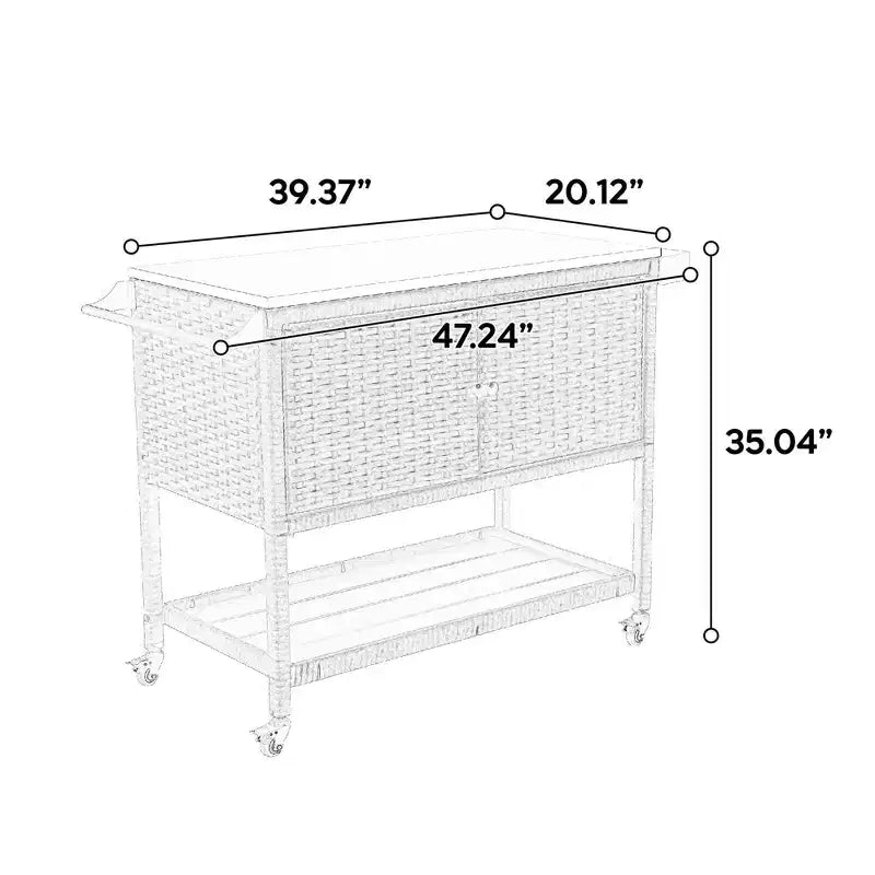 Chariot de bar d'extérieur en osier pour le rangement du vin et des boissons avec plateau en acier inoxydable pour patio, marron, 47,24x20,12x35,04