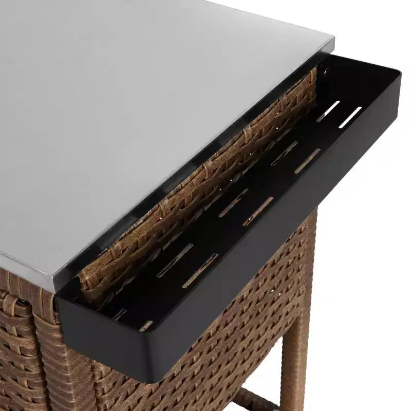 Chariot de bar d'extérieur en osier pour le rangement du vin et des boissons avec plateau en acier inoxydable pour patio, marron, 47,24x20,12x35,04