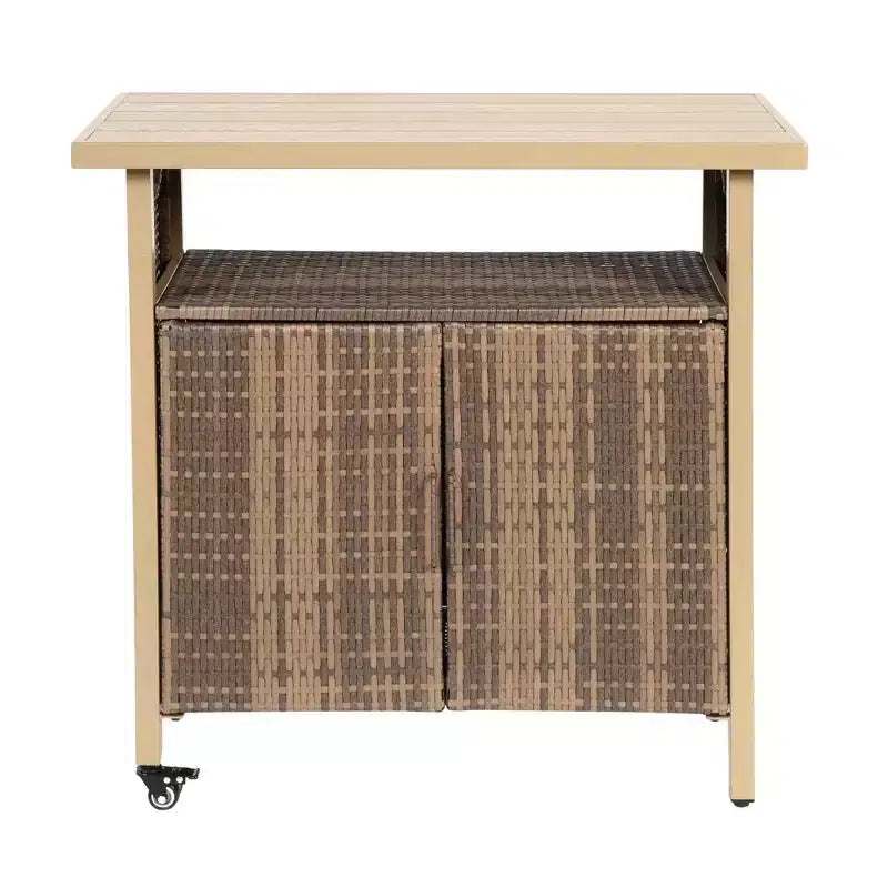 NAYSAYE Bar Serving Cart Outdoor Wicker Wine and Beverage Counter with Plastic Wood Top for Patio , Beige, 35.43*19.69*35.43