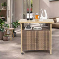 Chariot de bar d'extérieur en osier avec plateau en bois composite pour terrasse, beige