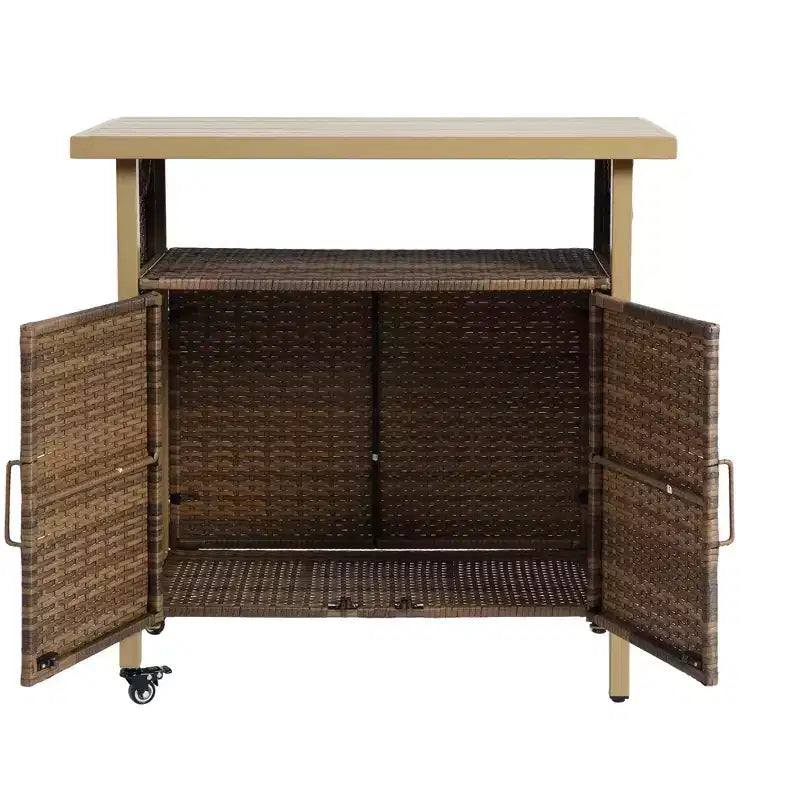 Chariot de bar d'extérieur en osier avec plateau en bois composite pour terrasse, beige