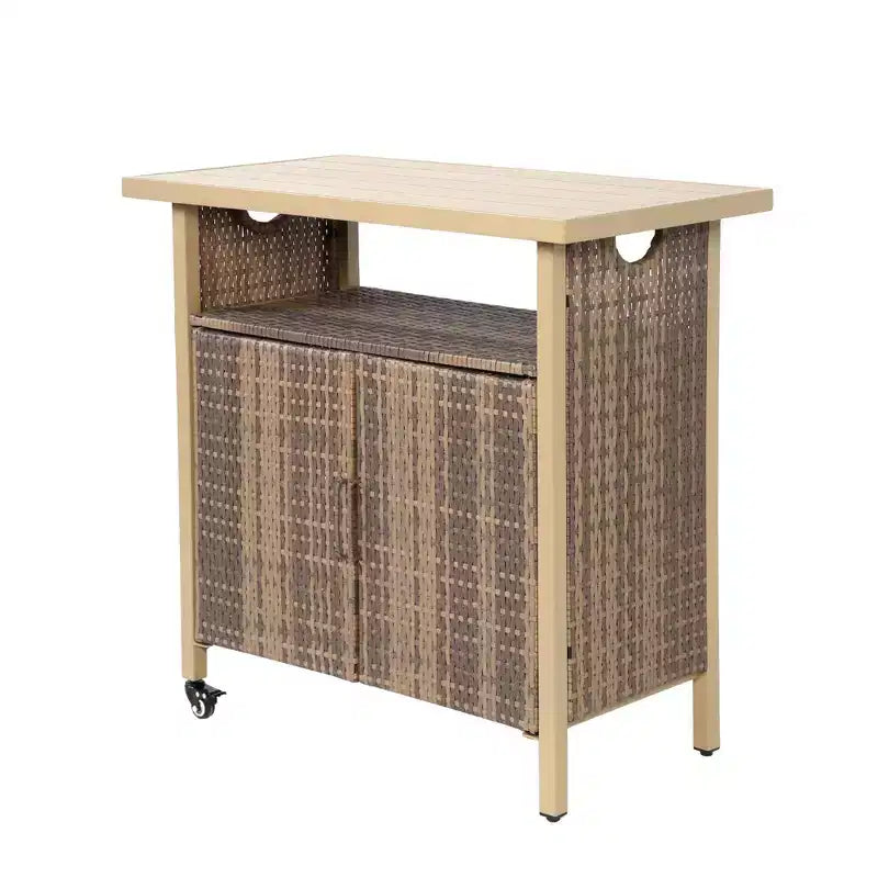 Chariot de bar d'extérieur en osier avec plateau en bois composite pour terrasse, beige