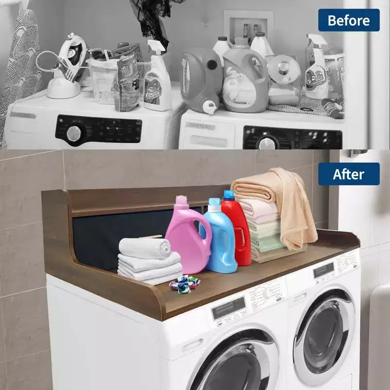Plan de travail à 2 niveaux pour lave-linge/sèche-linge avec 2 tiroirs et rails de sécurité antidérapants