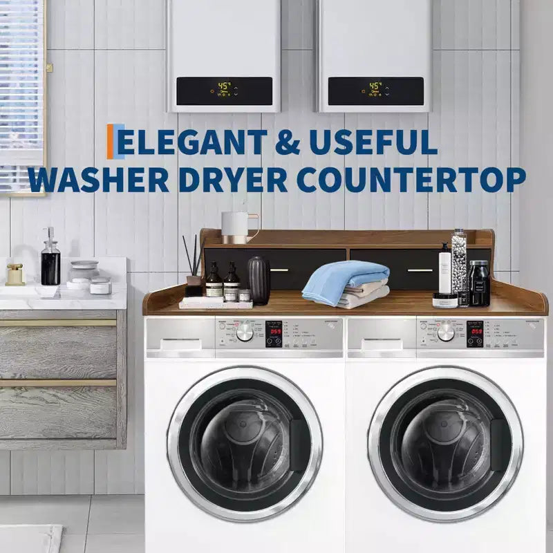 Plan de travail à 2 niveaux pour lave-linge/sèche-linge avec 2 tiroirs et rails de sécurité antidérapants