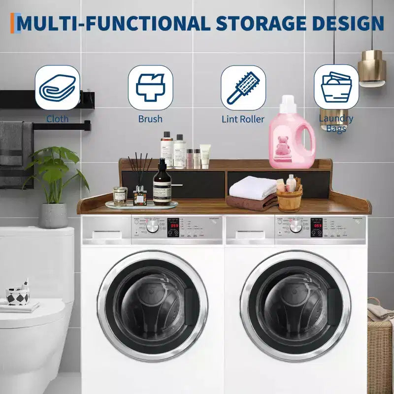 Plan de travail à 2 niveaux pour lave-linge/sèche-linge avec 2 tiroirs et rails de sécurité antidérapants