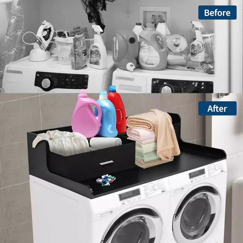 Plan de travail à 2 niveaux pour lave-linge/sèche-linge avec 2 tiroirs et rails de sécurité antidérapants