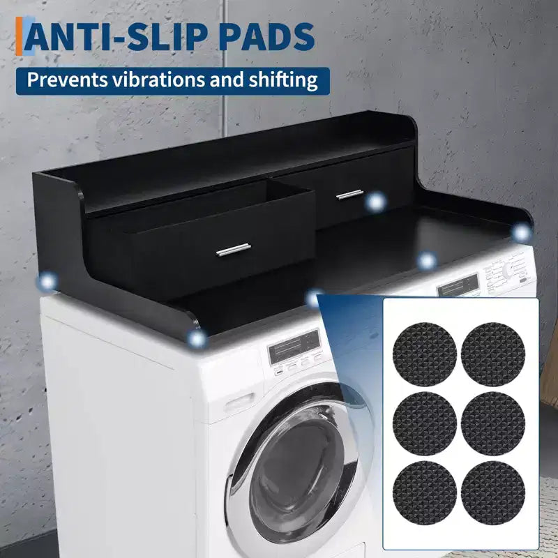 Plan de travail à 2 niveaux pour lave-linge/sèche-linge avec 2 tiroirs et rails de sécurité antidérapants