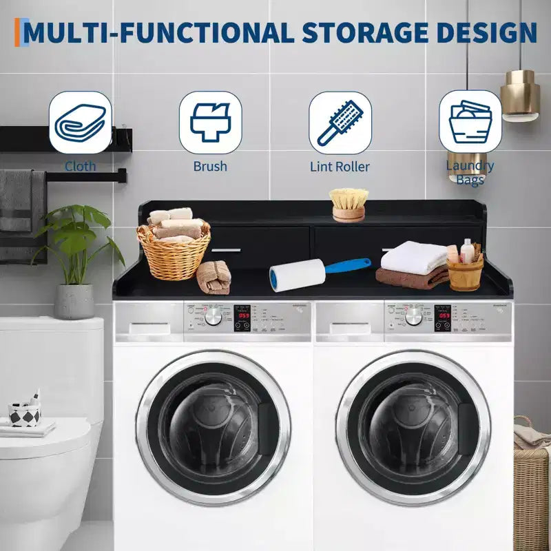 Plan de travail à 2 niveaux pour lave-linge/sèche-linge avec 2 tiroirs et rails de sécurité antidérapants