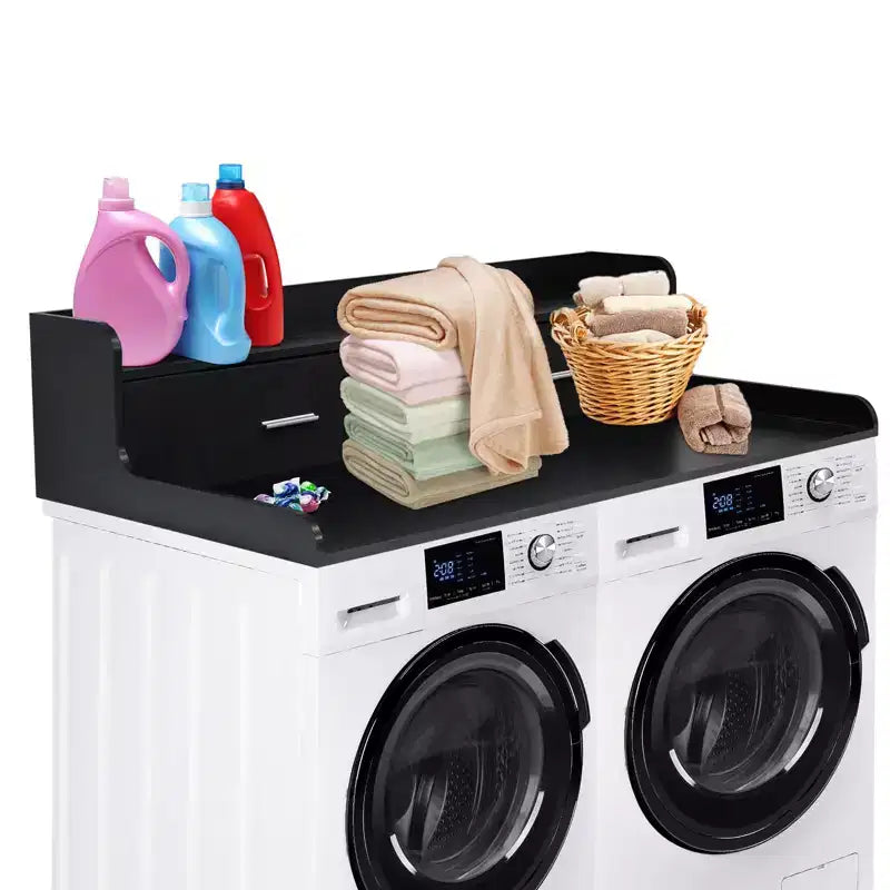 2-Tier Washer Dryer Countertop W/2 Drawers, Spacious Laundry Room Storage with 2.75 H Edge Rails & Anti-Slip, for Folding Clothes