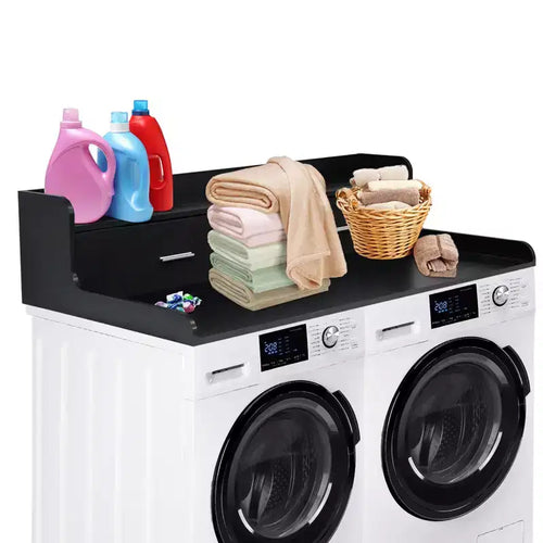 2-Tier Washer Dryer Countertop W/2 Drawers, Spacious Laundry Room Storage with 2.75 H Edge Rails & Anti-Slip, for Folding Clothes