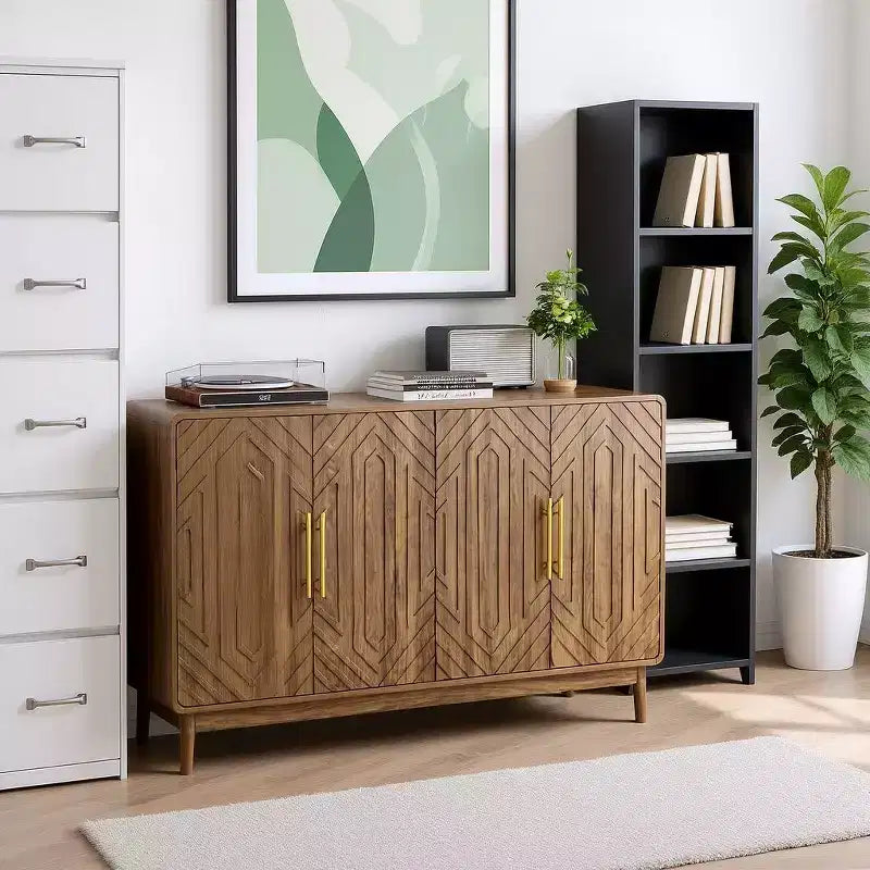 Homy Casa Walnut 4-Door Accent Cabinet with Storage for Dining or Living Room