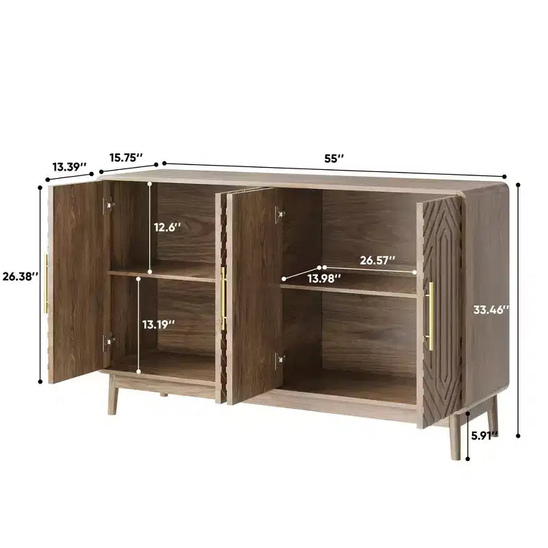 Bahut 4 portes en noyer avec rangements pour salle à manger ou salon