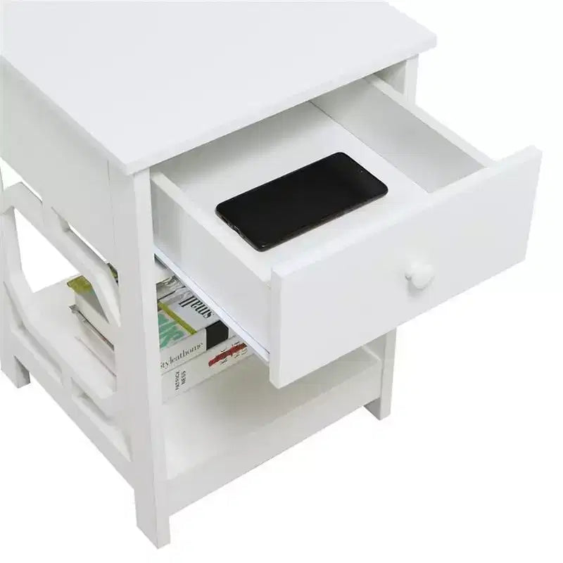 Table d'appoint à 1 tiroir avec motif latéral octogonal, tiroir coulissant et deux étagères – Table d'appoint moderne pour le salon