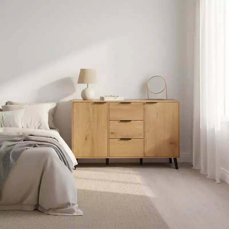 47.2" Bahut buffet moderne avec rangement et 3 tiroirs, chêne