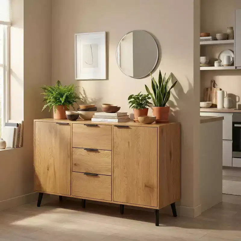 47.2" Bahut buffet moderne avec rangement et 3 tiroirs, chêne