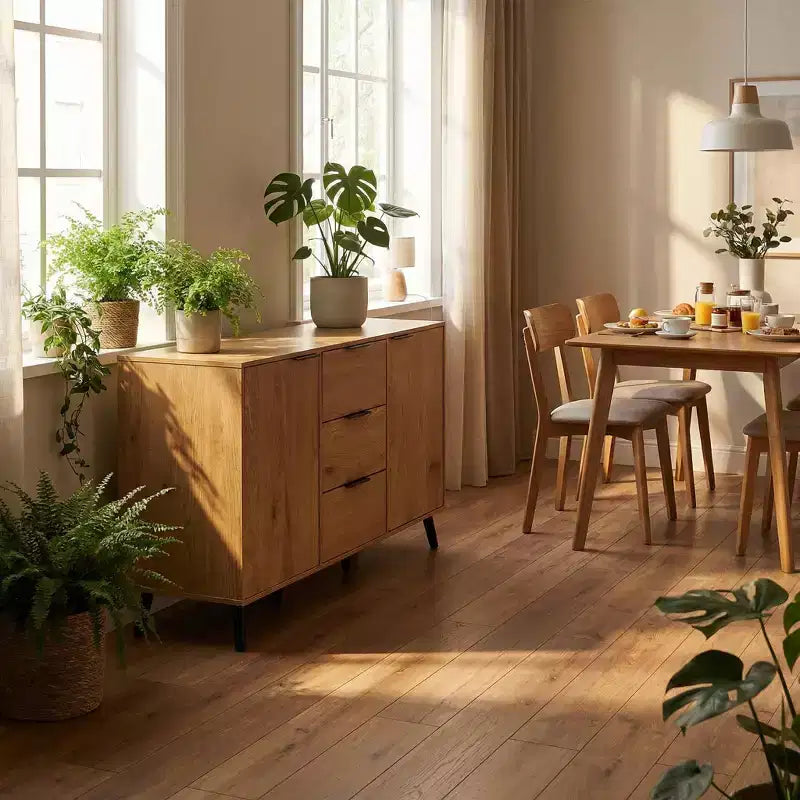 47.2" Bahut buffet moderne avec rangement et 3 tiroirs, chêne