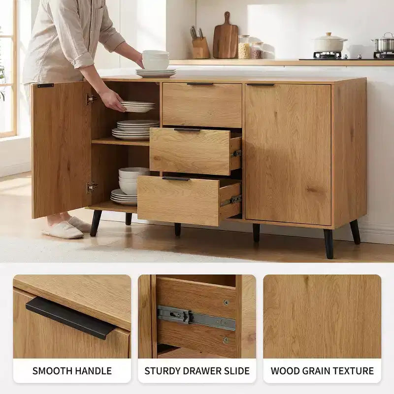 47.2" Bahut buffet moderne avec rangement et 3 tiroirs, chêne