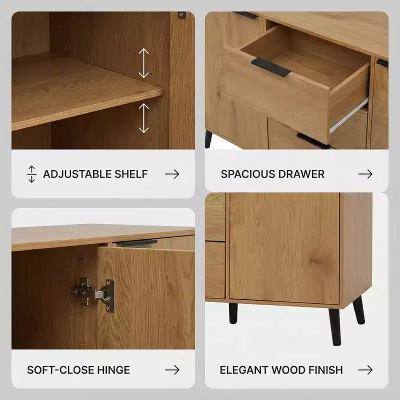 47.2" Bahut buffet moderne avec rangement et 3 tiroirs, chêne