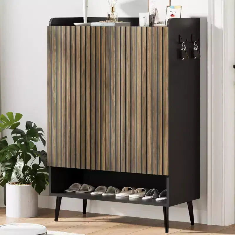 COZONY Large Shoe Cabinet with Doors, 6-Tier Shoe Organizer with Storage Hooks, Freestanding Entryway Storage for Hallway Living Room