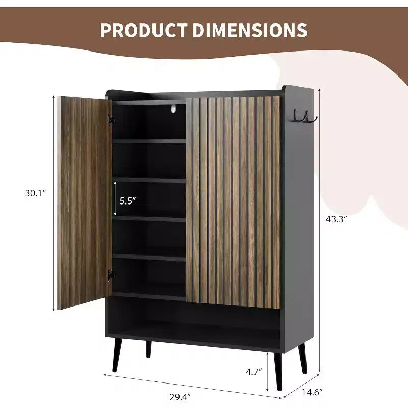 Grand meuble à chaussures avec portes, organiseur de chaussures à 6 niveaux avec crochets de rangement, rangement d'entrée autoportant