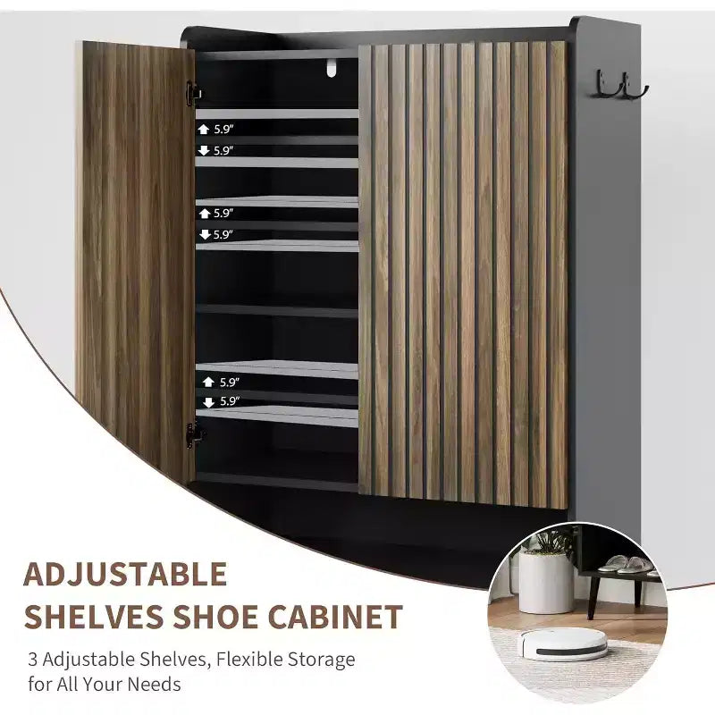 Grand meuble à chaussures avec portes, organiseur de chaussures à 6 niveaux avec crochets de rangement, rangement d'entrée autoportant