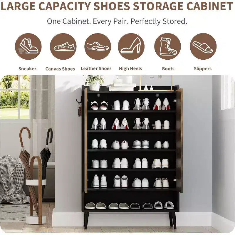 Grand meuble à chaussures avec portes, organiseur de chaussures à 6 niveaux avec crochets de rangement, rangement d'entrée autoportant