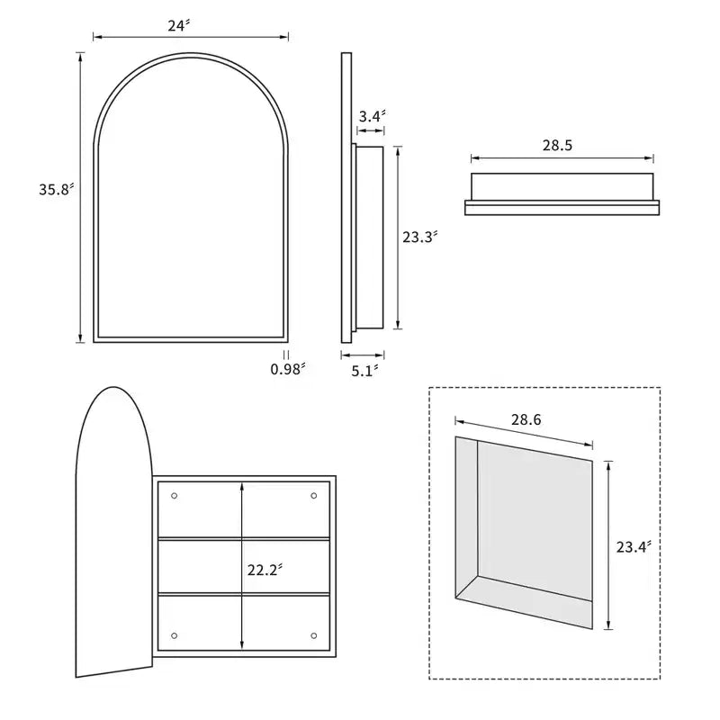 Armoire à pharmacie de salle de bain en bois blanc avec miroir, encastrée et murale, de 35,8 x 24 po, avec 2 étagères